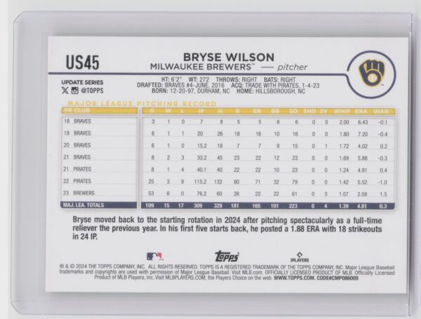 2024 Topps Update Bryse Wilson Yellow #US45 Brewers - Image 3