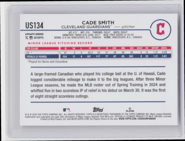2024 Topps Update Cade Smith RC #US134 Guardians - Image 3