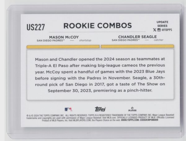 2024 Topps Update Chandler Seagle  / Mason McCoy RC #US227 Padres - Image 3