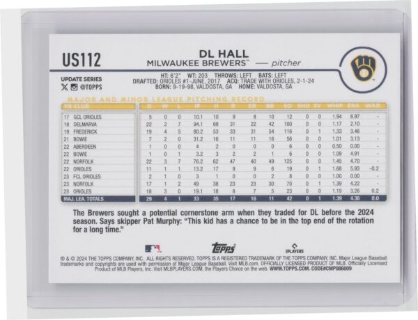 2024 Topps Update DL Hall #US112 Brewers - Image 3