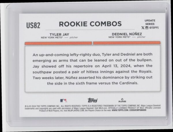 2024 Topps Update Dedniel Núñez / Tyler Jay RC #US82 Mets - Image 3