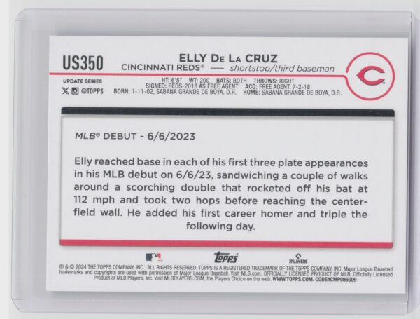 2024 Topps Update Elly de la Cruz #US350 Reds - Image 3