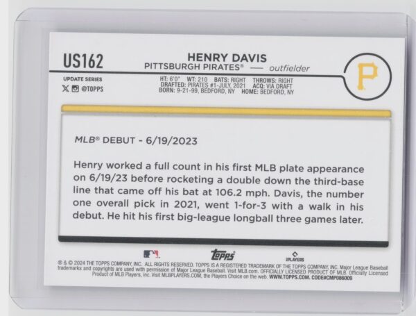 2024 Topps Update Henry Davis #US162 Pirates - Image 3
