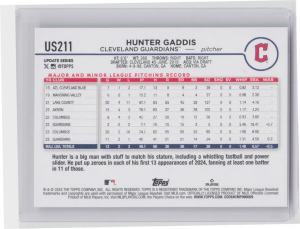 2024 Topps Update Hunter Gaddis #US211 Guardians - Image 3