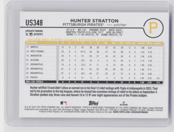 2024 Topps Update Hunter Stratton RC #US348 Pirates - Image 3