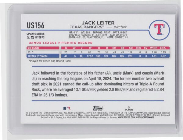 2024 Topps Update Jack Leiter RC #US156 Rangers - Image 3