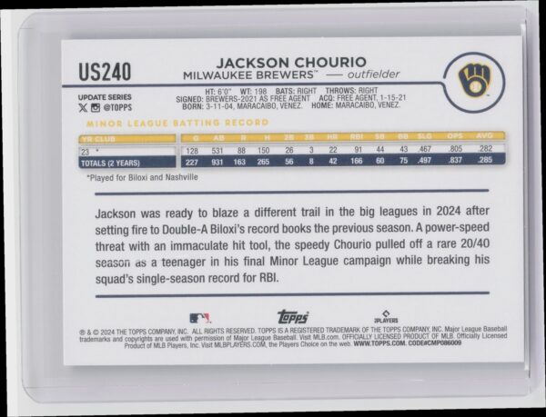 2024 Topps Update Jackson Chourio RC #US240 Brewers - Image 3