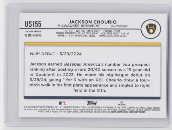 2024 Topps Update Jackson Chourio #US155 Brewers - Image 3