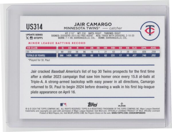 2024 Topps Update Jair Camargo RC #US314 Twins - Image 3