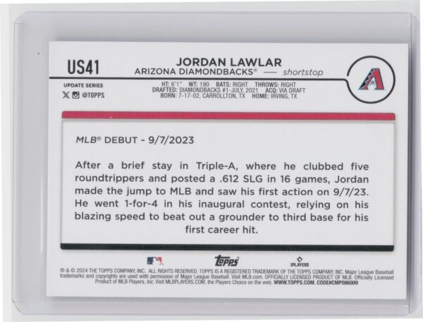 2024 Topps Update Jordan Lawlar #US41 Diamondbacks - Image 3