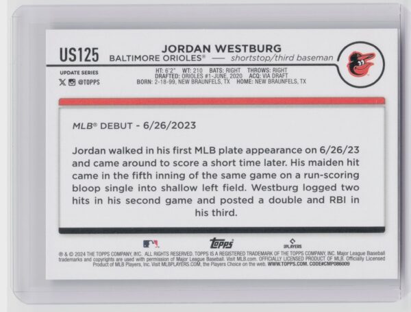 2024 Topps Update Jordan Westburg RC #US125 Orioles - Image 3