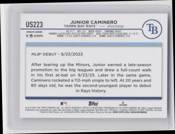 2024 Topps Update Junior Caminero RC #US223 Rays - Image 3