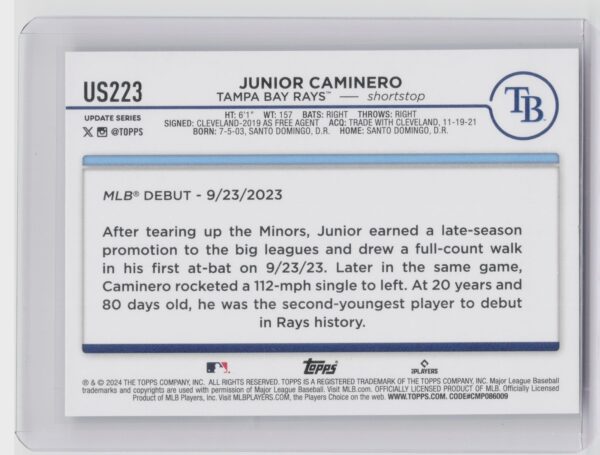 2024 Topps Update Junior Caminero RC #US223 Rays - Image 3