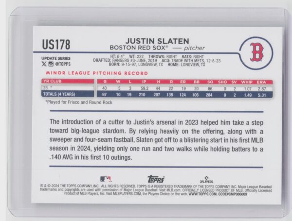 2024 Topps Update Justin Slaten RC #US178 Sox - Image 3