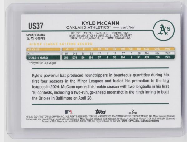 2024 Topps Update Kyle McCann RC #US37 Athletics - Image 3