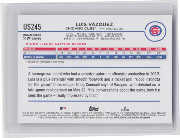 2024 Topps Update Luis Vazquez RC #US245 Cubs - Image 3