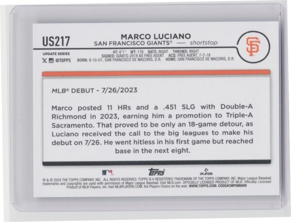 2024 Topps Update Marco Luciano RC #US217 Giants - Image 3