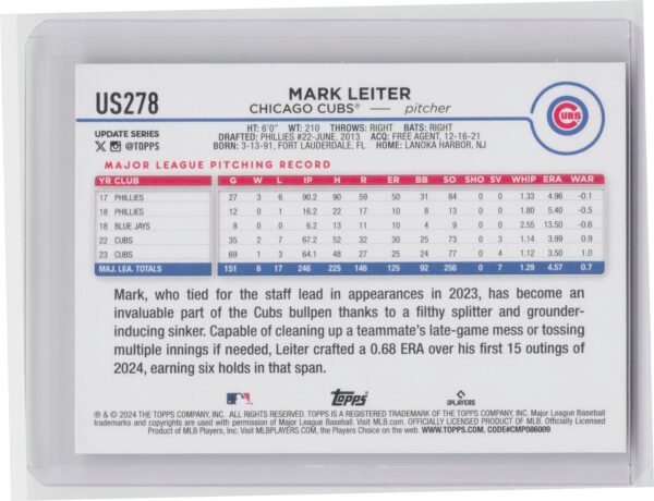 2024 Topps Update Mark Leiter #US278 Cubs - Image 3