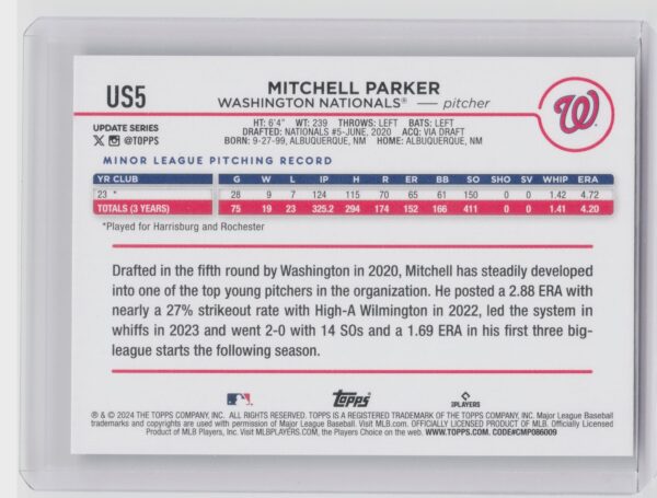 2024 Topps Update Mitchell Parker RC #US5 Nationals - Image 3