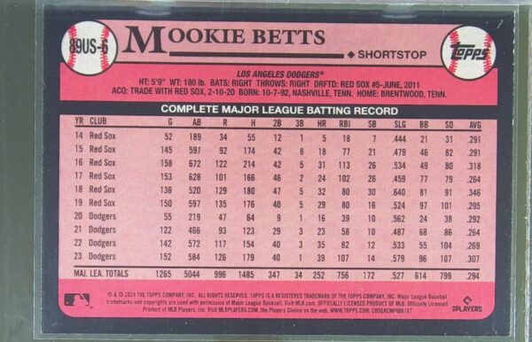 2024 Topps Update Mookie Betts #89US-6 Dodgers 1989 Topps 35th Anniversary - Image 3