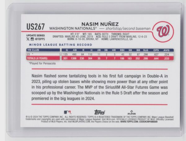 2024 Topps Update Nasim Nunez RC #US267 Nationals - Image 3