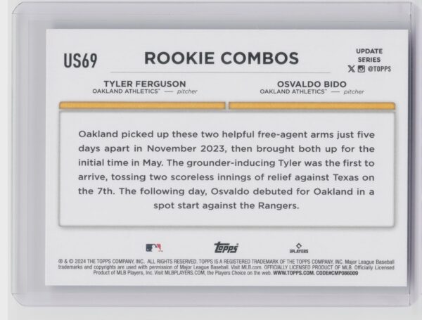 2024 Topps Update Osvaldo Bido  / Tyler Ferguson RC #US69 Athletics - Image 3