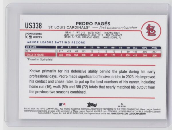 2024 Topps Update Pedro Pages RC #US338 Cardinals - Image 3