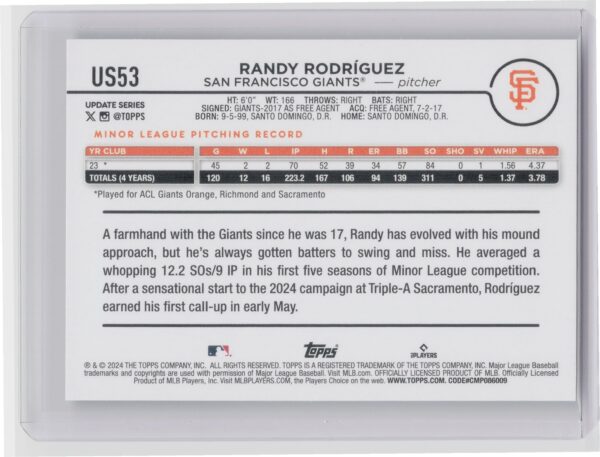 2024 Topps Update Randy Rodriguez RC #US53 Giants - Image 3