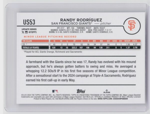 2024 Topps Update Randy Rodriguez RC #US53 Giants - Image 3