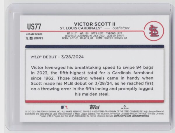 2024 Topps Update Victor Scott II RC #US77 Cardinals - Image 3
