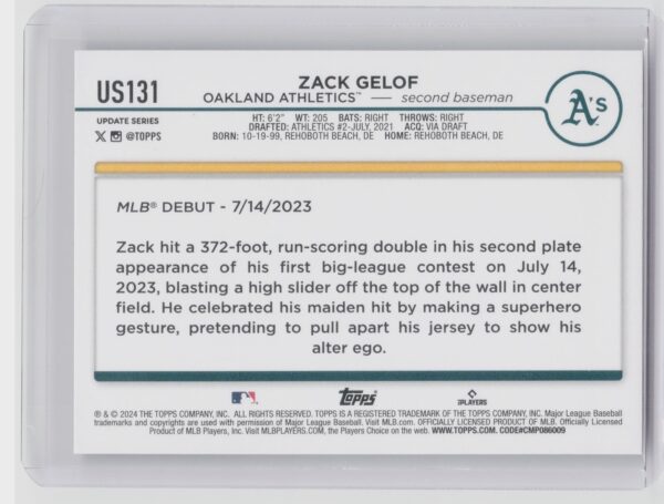 2024 Topps Update Zack Gelof RC #US131 Athletics - Image 3