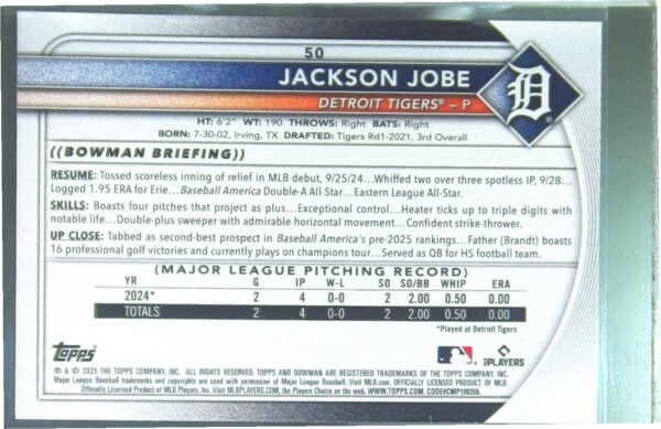 2025 Bowman Jackson Jobe RC #50 Tigers - Image 3