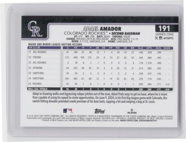 2025 Topps Adael Amador Diamante Foil #191 Rockies - Image 3