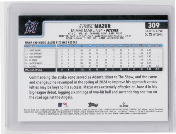 2025 Topps Adam Mazur RC #309 Marlins - Image 3