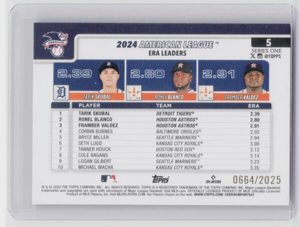 2025 Topps American League Leaders ERA (Tarik Skubal / Ronel Blanco / Valdez) - Image 3