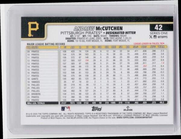 2025 Topps Andrew McCutchen Diamante Foil #42 Pirates - Image 3