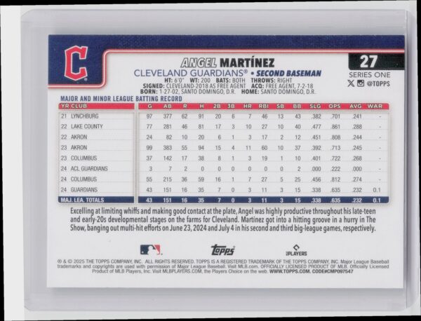 2025 Topps Angel Martinez RC #27 Guardians - Image 3
