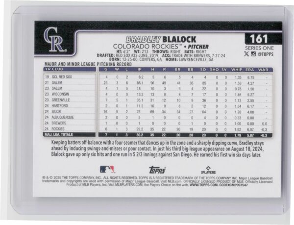 2025 Topps Bradley Blalock RC #161 Rockies - Image 3