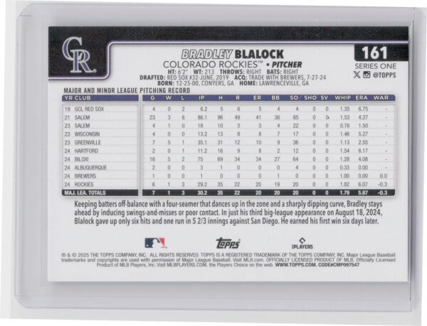 2025 Topps Bradley Blalock RC #161 Rockies - Image 3