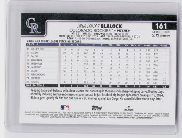 2025 Topps Bradley Blalock RC #161 Rockies - Image 3