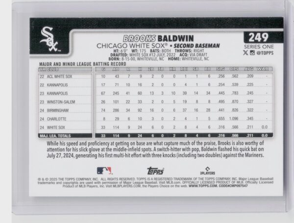 2025 Topps Brooks Baldwin RC #249 Sox - Image 3