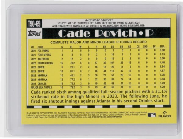 2025 Topps Cade Povich #T90-69 Orioles 1990 Topps Baseball 35th Anniversary - Image 3