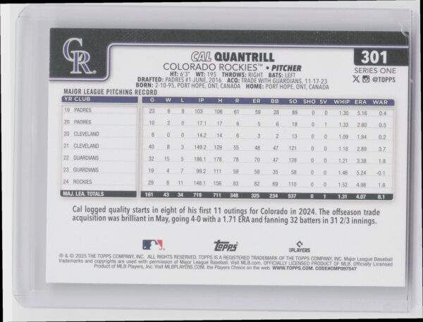 2025 Topps Cal Quantrill Diamante Foil #301 Rockies - Image 3