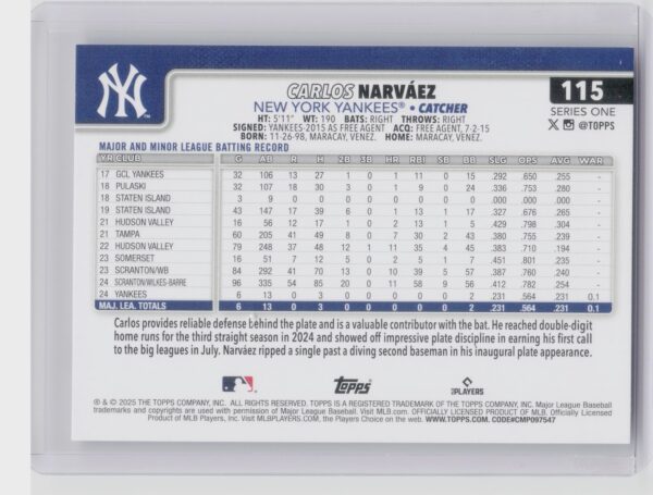 2025 Topps Carlos Narvaez RC #115 Yankees - Image 3