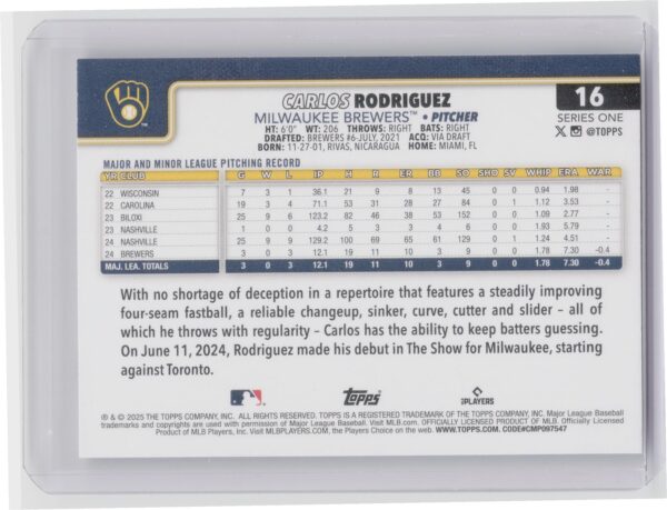 2025 Topps Carlos Rodriguez RC #16 Brewers - Image 3