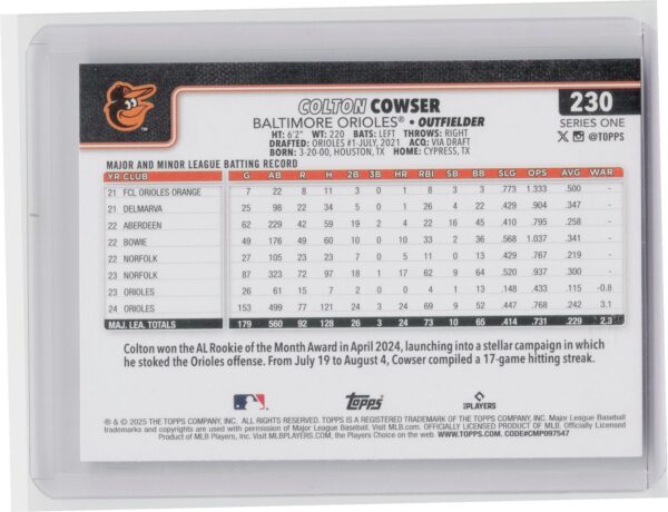 2025 Topps Colton Cowser #230 Orioles - Image 3