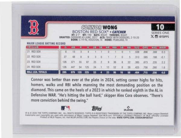 2025 Topps Connor Wong Rainbow Foil #10 Sox - Image 3