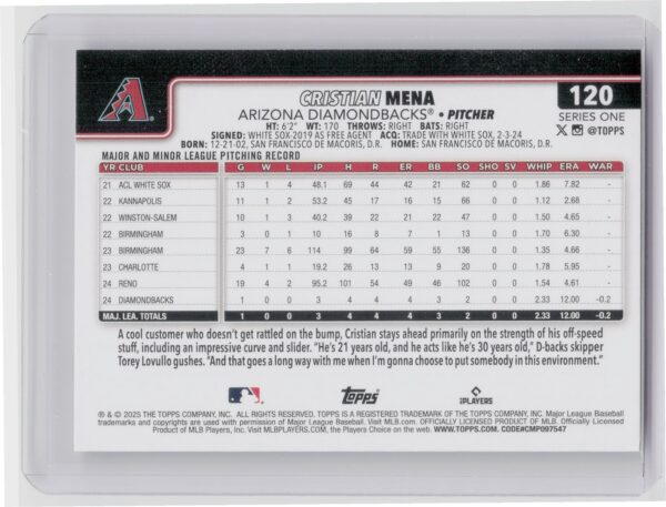 2025 Topps Cristian Mena RC #120 Diamondbacks - Image 3