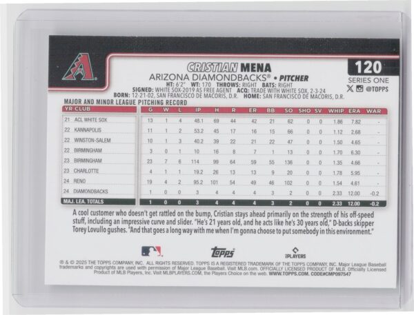 2025 Topps Cristian Mena RC #120 Diamondbacks - Image 3