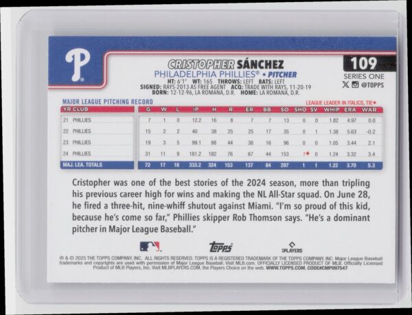 2025 Topps Cristopher Sanchez Diamante Foil #109 Phillies - Image 3